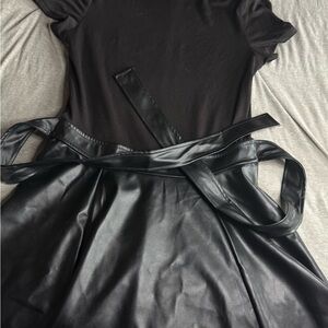Leather Black Dress with Lace Trim and Flared Skirt
